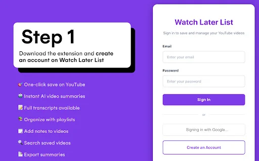 Watch Later List – Ringkasan AI & Simpan Video YouTube Mudah - Screenshot 1