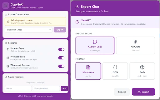 AI Chat Toolkit: Ekspor Chat, LaTeX & Prompt AI Terbaik - Screenshot 1